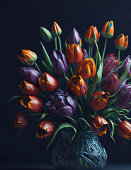 Bouquet of tulips in a vase, oil paint drawing