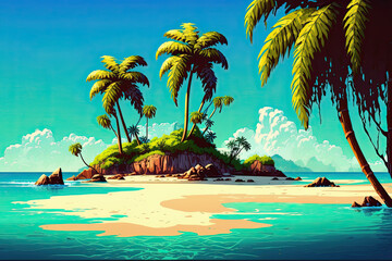 Obraz na płótnie Canvas Paradise vacation on tropical island. Cartoon of beautiful island. Generative AI