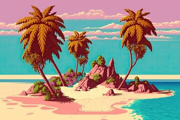 Naklejka premium Paradise vacation on tropical island. Cartoon of beautiful island. Generative AI