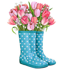 watercolor rubber boots with floral bouquet