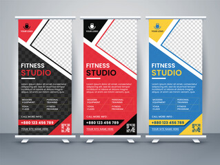 Modern creative gym and fitness of roll-up banner with hexagonal Standee Design Template. Banner Template design. Gym Banner Template for web advertisement. Vector illustration.