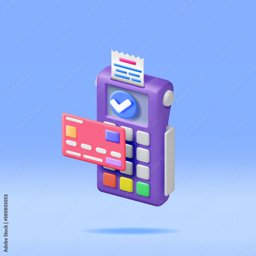 Poster 3d payment terminal with card and receipt isolated. render modern pos bank payment device. payment n