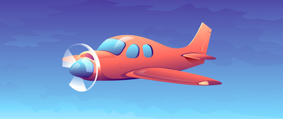 Cartoon aircraft flies through the clear blue sky. Modern flying plane illustration isolated. Concept of passenger, cargo transportation.