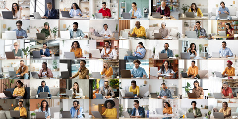 Multiracial men and women working online, collection of photos