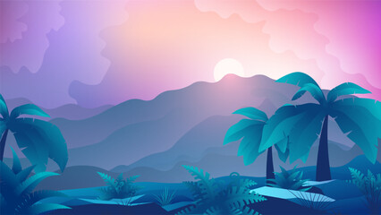 Fototapeta na wymiar Horizontal colorful tropical landscape. Green palms and tropical mountains on sunset sky background.