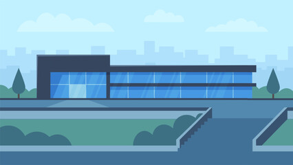 Modern office building on blue sky background. Horizontal flat illustration city view.