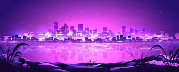 Water bay on shining metropolis background. Colorful horizontal cityscape with skyscrapers.