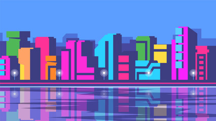 Bright colorful metropolis. Modern cyberpunk skyscraper city near the river.