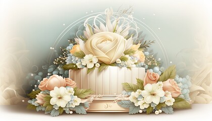 Romantic fantasy wedding alter. Dreamy marriage vows. Heaven's pearly gates. White rose bouquets and shimmering silk cake.