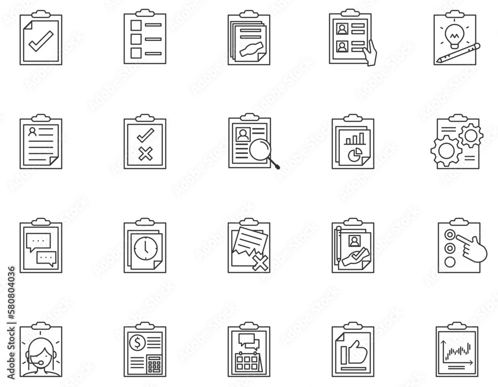 Poster set of clipboard related thin line icon collection. office line vector.