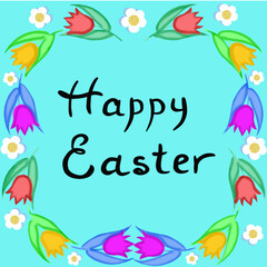 easter greeting card with eggs frame of spring flowers of tulips,greeting card with spring flowers of tulips,yellow,pink,purple,happy spring,hello spring,spring flowers,daisies
