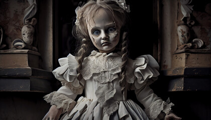 A creepy doll with cracked porcelain skin and a frilly dress generated by AI