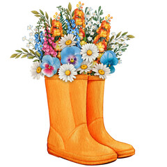 watercolor rubber boots with floral bouquet