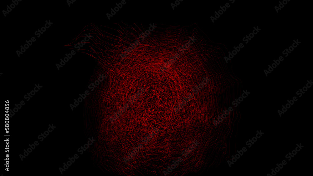 Poster red threads smoothly wriggle in the shape of a ball. cosmic tangle on black background. bg for adver