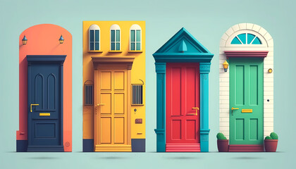 Four colourful doors on isolated light background. Generative AI.