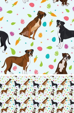 Happy Easter seamless pattern with flowers, leaves, carrot, eggs and Boxer dog, seasonal design background. Holiday present, spring fresh design, pastel colors, flat style. Colorful, motley. 