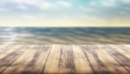 Fototapeta na wymiar Empty Wooden Planks With Blur Beach And Sea On background