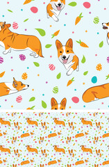 Happy Easter seamless pattern with flowers, leaves, carrot, eggs and Welsh Corgi dog, seasonal design background. Holiday present, spring fresh design, pastel colors, flat style. Colorful, motley. 