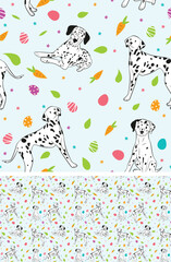Happy Easter seamless pattern with flowers, leaves, carrot, eggs and Dalmatian dog, seasonal design background. Holiday present, spring fresh design, pastel colors, flat style. Colorful, motley. 