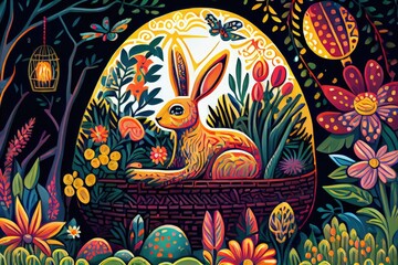 Easter Bunny Rabbit Basket Decorated Colorful Easter Eggs Egg Illustrated Illustration Vector Art Sun Flowers Trees Morning Background Image