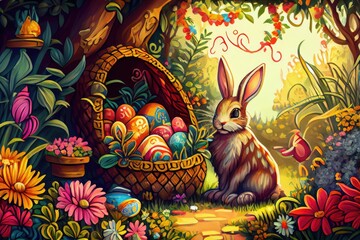 Easter Bunny Rabbit Basket Decorated Colorful Easter Eggs Egg Illustrated Illustration Vector Art Sun Flowers Trees Morning Background Image