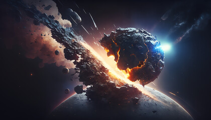 Fototapeta na wymiar Meteor Impact On Earth - Fired Asteroid In Collision With Planet - Contain 3d Rendering - elements of this image furnished by NASA
