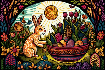 Easter Bunny Rabbit Basket Decorated Colorful Easter Eggs Egg Illustrated Illustration Vector Art Sun Flowers Trees Morning Background Image	
