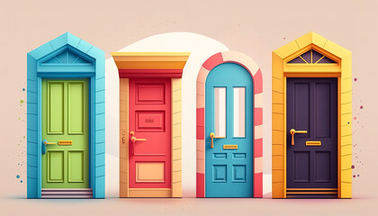 Four colourful doors on isolated white background. Generative AI.