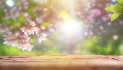 Spring Time - Blossoms On Wooden Table In Green Garden With Defocused Bokeh Lights And Flare Effect