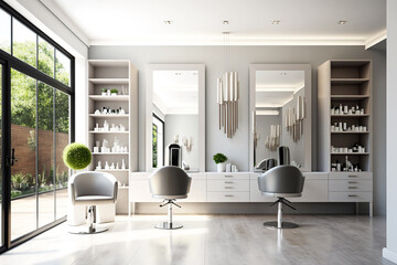 white light beauty salon room with armchairs and mirrors Generative AI - obrazy, fototapety, plakaty