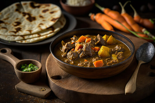 bowl of hearty creamy Jamaican food goat curry soup Generative AI