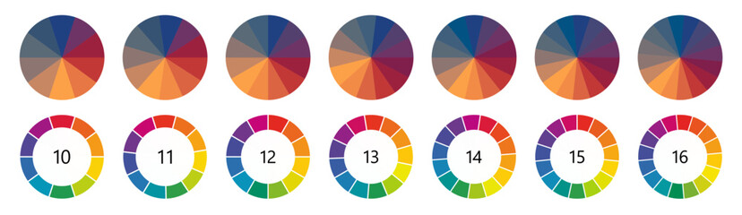 Circle  shape divided into colorful segments, version with 10 to 16 parts, can be used as infographics element