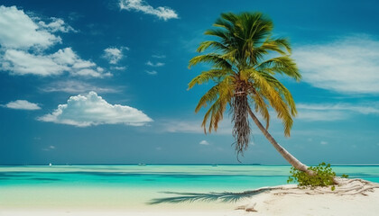 Naklejka na ściany i meble Seascape with palm on the bright sunny day, created with generative AI