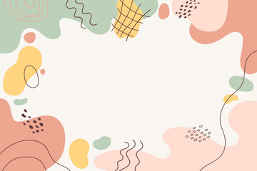 Abstract cute pastel background. Hand drawn various geometric organic shapes, lines, spots, drops, curves. Copy space. Template for social media stories, branding, banners. Vector illustration