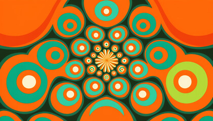 Fototapeta premium Retro seventies 70's style artistic background poster in warm orange, yellow and green colors. AI Generative.