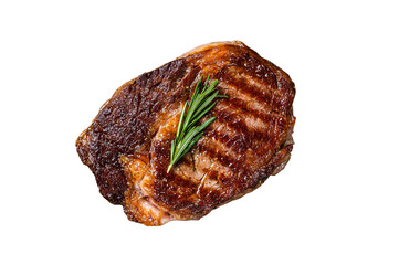 Roasted rib eye steak, ribeye beef meat in a grill pan. Isolated, transparent background.