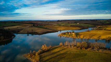 Photo aérienne, campagne, lac, ciel