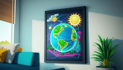 Earth day poster in kids room illustration. AI generative.