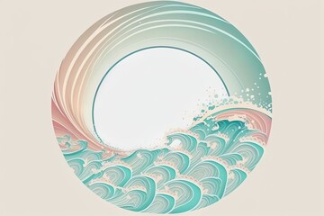 Pastel color cartoon wave with empty white circle frame with space for text. Creative liquid ocean waves background