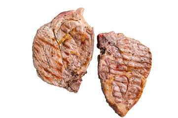 BBQ Grilled Pork loin steaks from neck fillet meat on grill.  Isolated, transparent background.