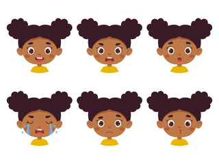 Cute cartoon little kid girl in various expressions and gesture. Cartoon child character showing different emotions. Vector illustration
