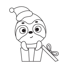 Coloring page cute little sloth sitting in gift box. Coloring book for kids. Educational activity for preschool years kids and toddlers with cute animal. Vector stock illustration