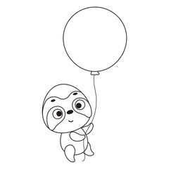 Coloring page cute little sloth flies on balloon. Coloring book for kids. Educational activity for preschool years kids and toddlers with cute animal. Vector stock illustration