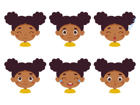 Cute cartoon little kid mulatto girl in various expressions and gesture. Cartoon child character showing different emotions. Vector illustration