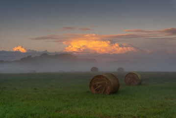 Baloty okryte mgłą podczas zachodu słońca
