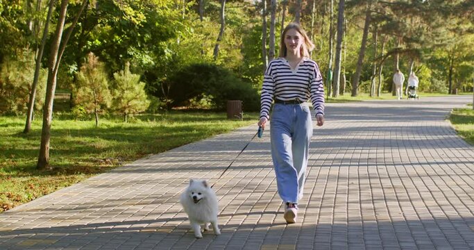 Young woman walks with adorable dog in summer park and enjoying weather