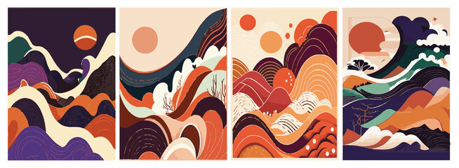 A set of backgrounds for text, landscape psychedelic hippie art, a frame of stylized waves. 