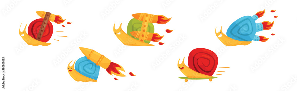 Poster fast snail with spiral shell having rocket turbine or speed booster vector set