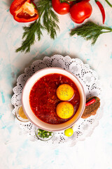 top view of borscht with pampushki and garlic in the restaurant