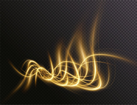 Luminous gold wavy line of light on a transparent background. Gold light, electric light, light effect png. Curve gold line png for games, video, photo, callout, HUD. Isolated vector illustration.